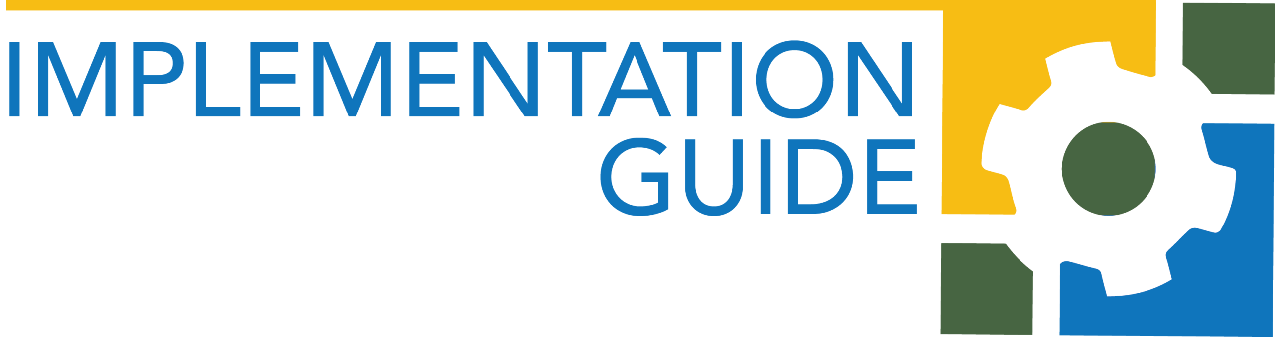 Under a yellow dividing line, an image of a gear overlays DEC's logo with the text "Implementation Guide" to the left in light blue font.